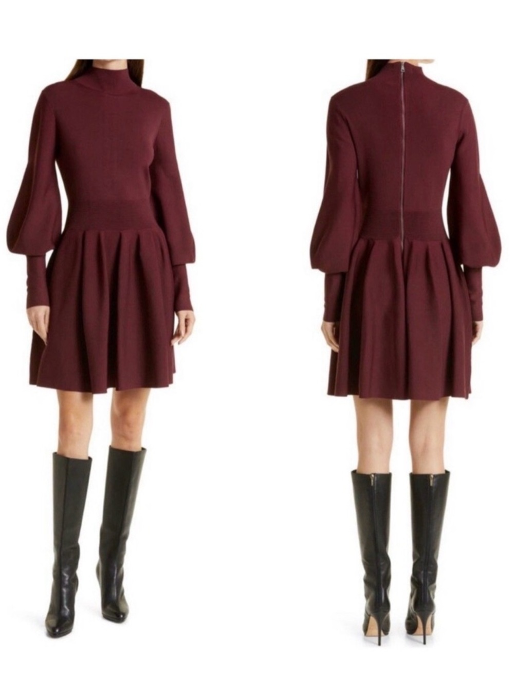 Ted Baker Burgundy High-Neck Fit & Flare Mini Dress